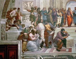 La Escuela de Atenas (detalle de Pitágoras y estudiantes)